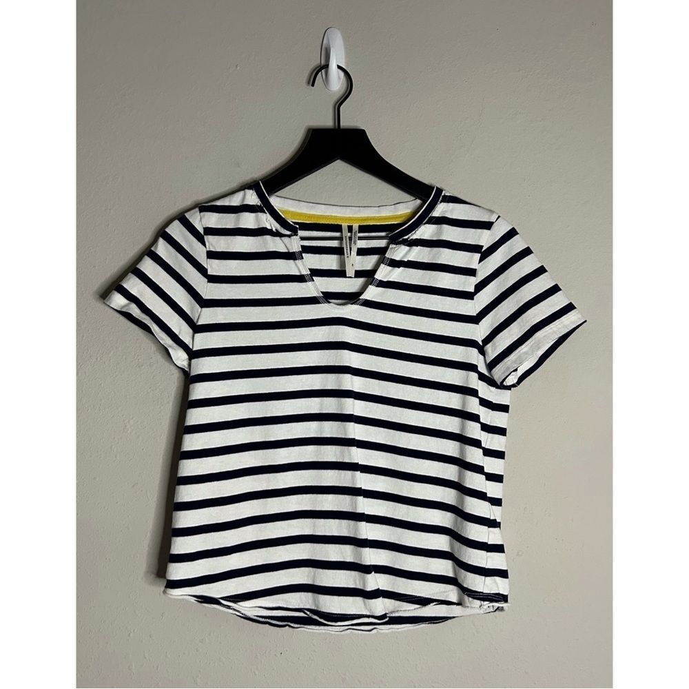 Anthropologie Navy Blue White Striped Split Neck Tee